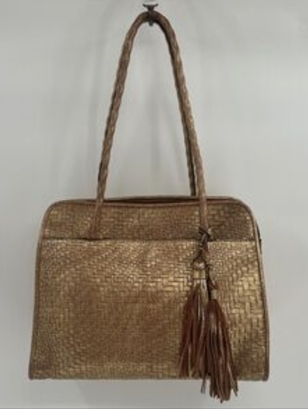 Woven Metallic Brown Shoulder Tote with Tassel